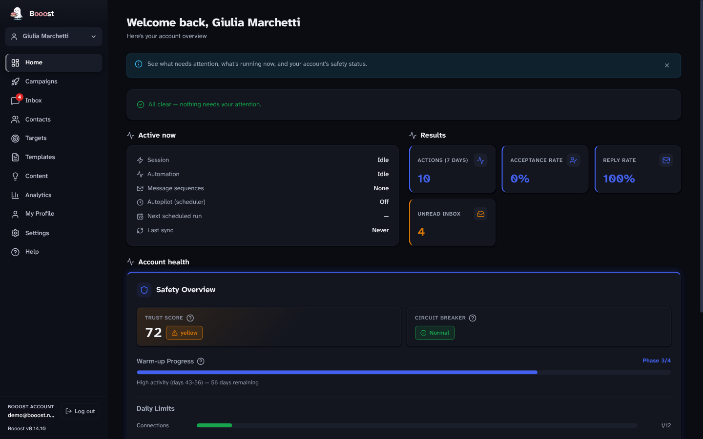 Safety dashboard with trust score and warm-up