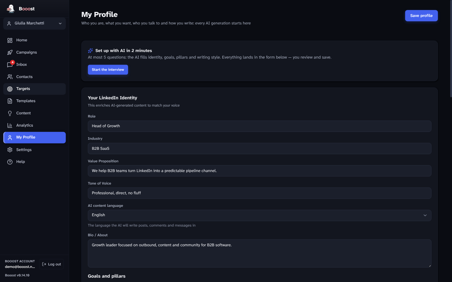 My Profile and AI interview setup